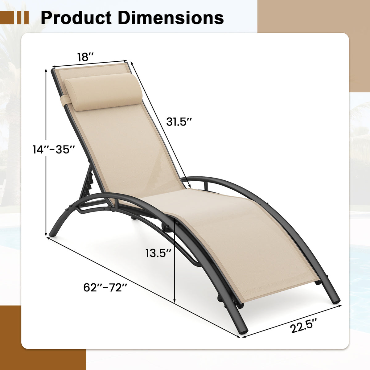 Patio Chaise Lounges Set of 2 Outdoor Recliner with 5-Position Backrest-Beige-Outdoor Chaise Lounges-DECOROLALA