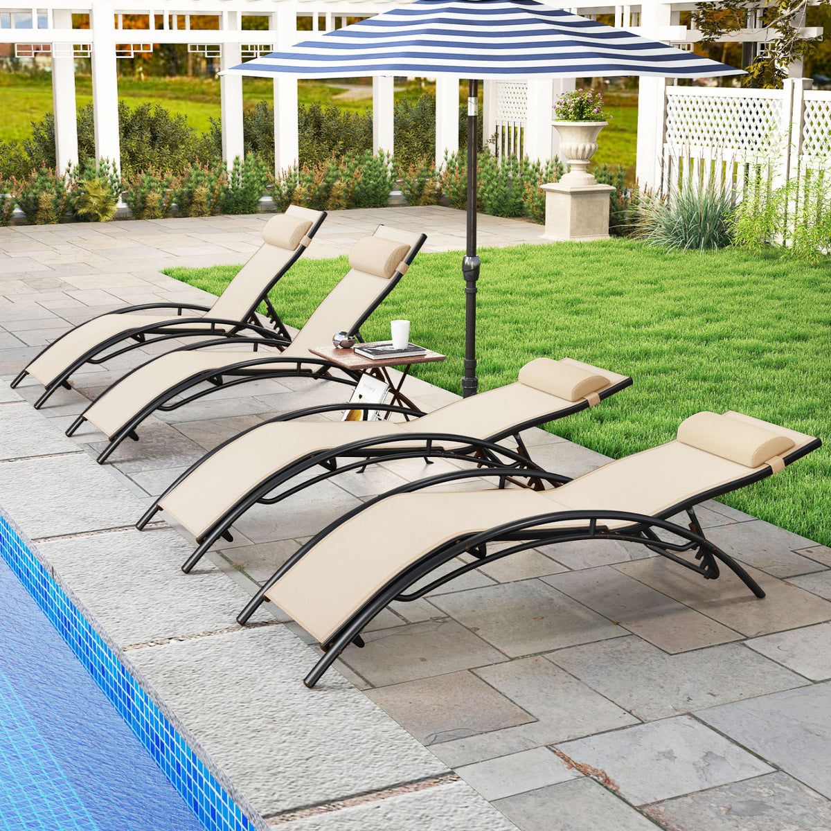 Patio Chaise Lounges Set of 2 Outdoor Recliner with 5-Position Backrest-Beige-Outdoor Chaise Lounges-DECOROLALA