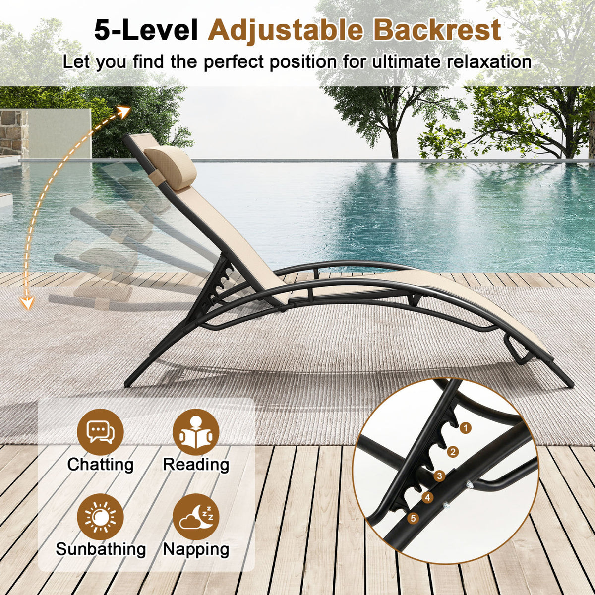 Patio Chaise Lounges Set of 2 Outdoor Recliner with 5-Position Backrest-Beige-Outdoor Chaise Lounges-DECOROLALA