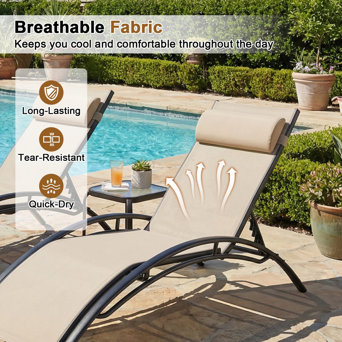 Patio Chaise Lounges Set of 2 Outdoor Recliner with 5-Position Backrest-Beige-Outdoor Chaise Lounges-DECOROLALA