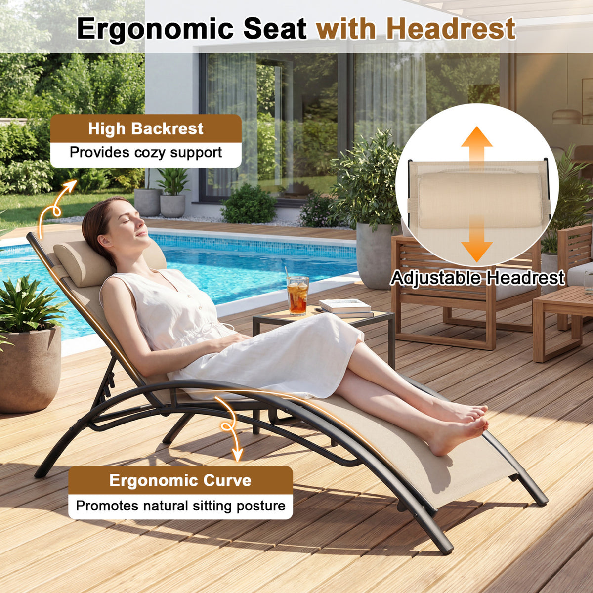 Patio Chaise Lounges Set of 2 Outdoor Recliner with 5-Position Backrest-Beige-Outdoor Chaise Lounges-DECOROLALA