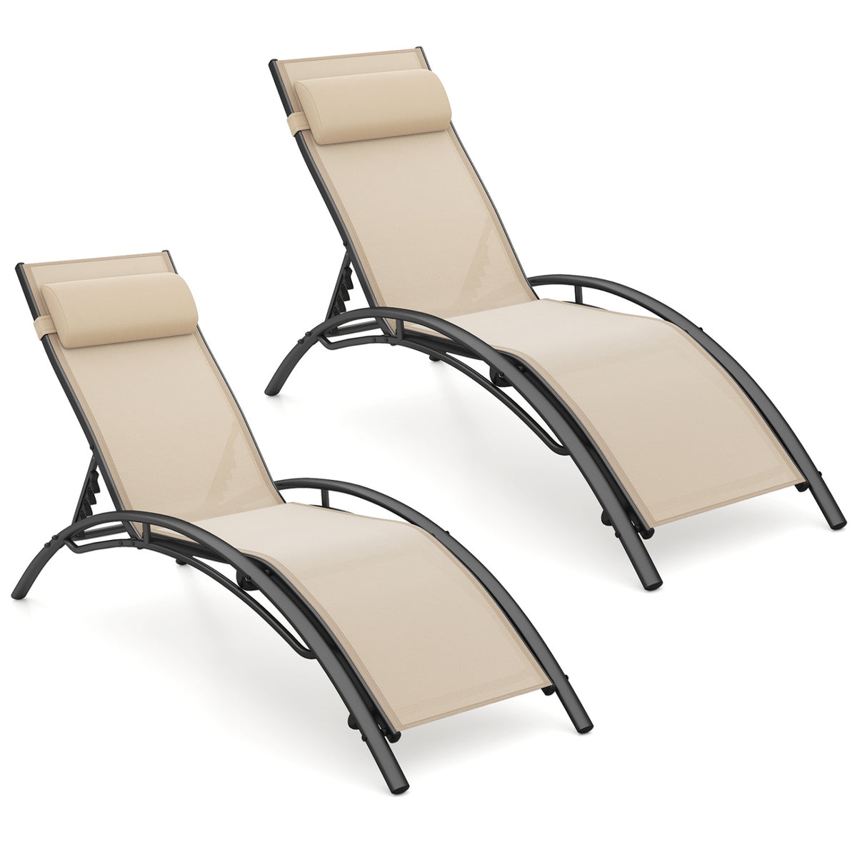 Patio Chaise Lounges Set of 2 Outdoor Recliner with 5-Position Backrest-Beige-Outdoor Chaise Lounges-DECOROLALA