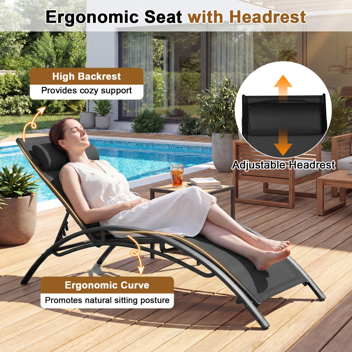 Patio Chaise Lounges Set of 2 Outdoor Recliner with 5-Position Backrest-Black-Outdoor Chaise Lounges-DECOROLALA