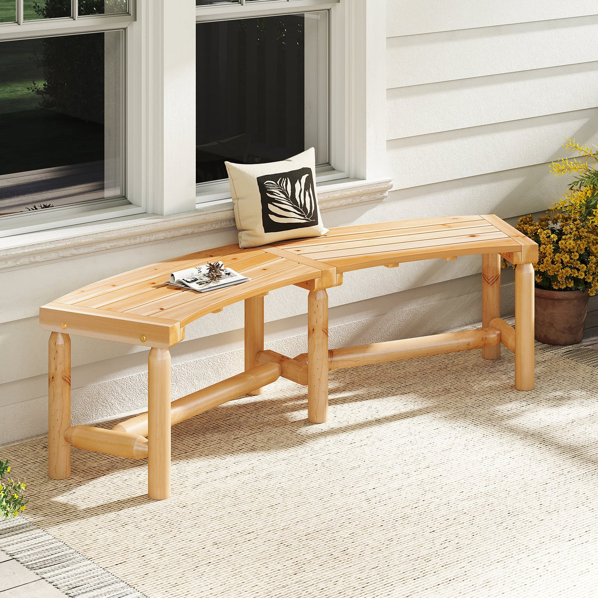 Patio Curved Bench Solid Wood Fire Pit Bench Outdoor Backless Loveseat-Natural-Outdoor Benches-DECOROLALA