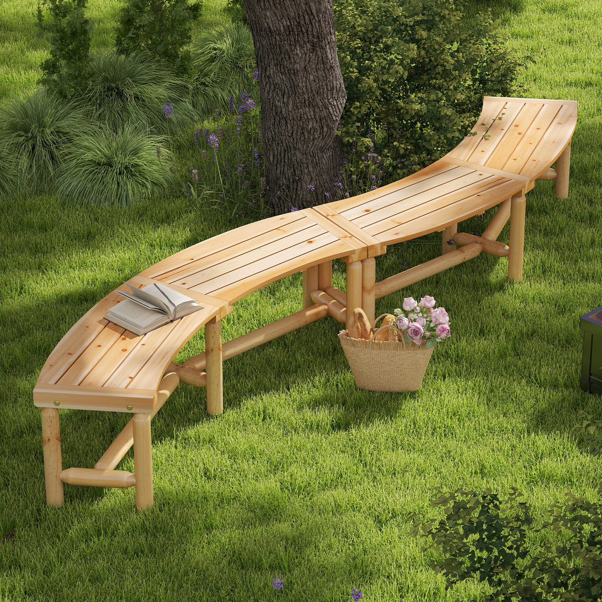 Patio Curved Bench Solid Wood Fire Pit Bench Outdoor Backless Loveseat-Natural-Outdoor Benches-DECOROLALA