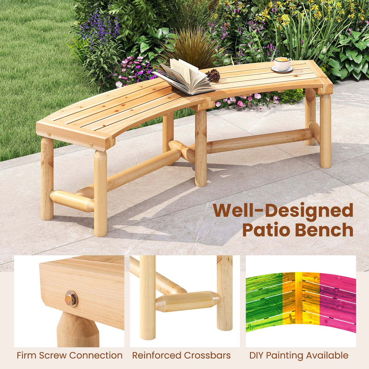 Patio Curved Bench Solid Wood Fire Pit Bench Outdoor Backless Loveseat-Natural-Outdoor Benches-DECOROLALA