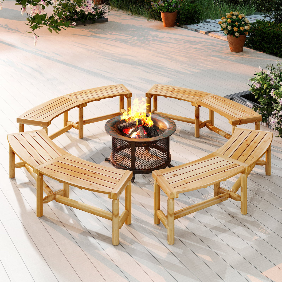 Patio Curved Bench Solid Wood Fire Pit Bench Outdoor Backless Loveseat-Natural-Outdoor Benches-DECOROLALA