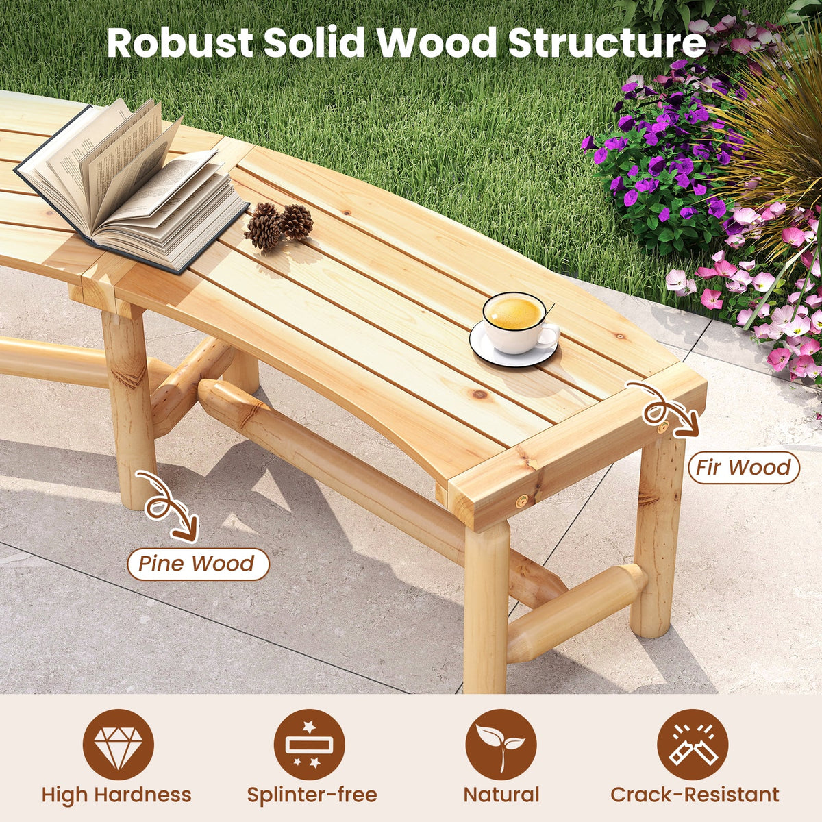 Patio Curved Bench Solid Wood Fire Pit Bench Outdoor Backless Loveseat-Natural-Outdoor Benches-DECOROLALA