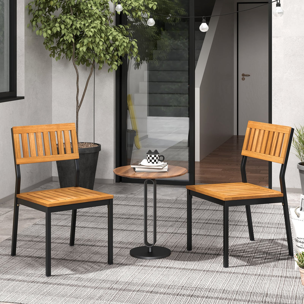 Patio Dining Chair Set of 2 with Metal and Acacia Wood Frame-Dining Chairs-DECOROLALA