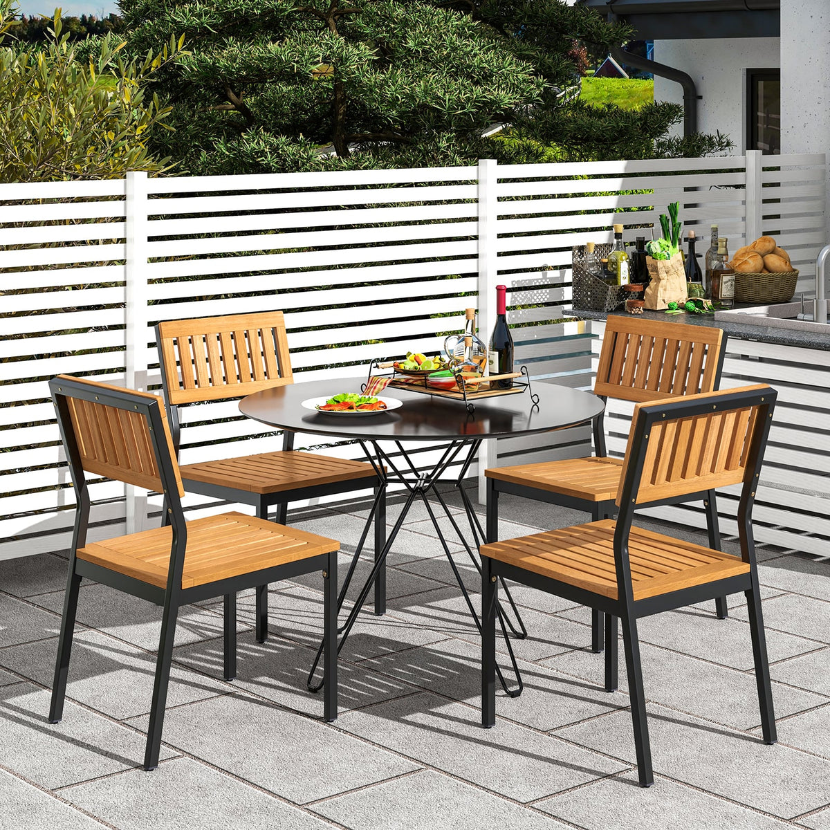 Patio Dining Chair Set of 2 with Metal and Acacia Wood Frame-Dining Chairs-DECOROLALA