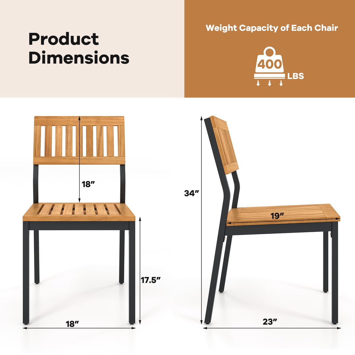 Patio Dining Chair Set of 2 with Metal and Acacia Wood Frame-Dining Chairs-DECOROLALA