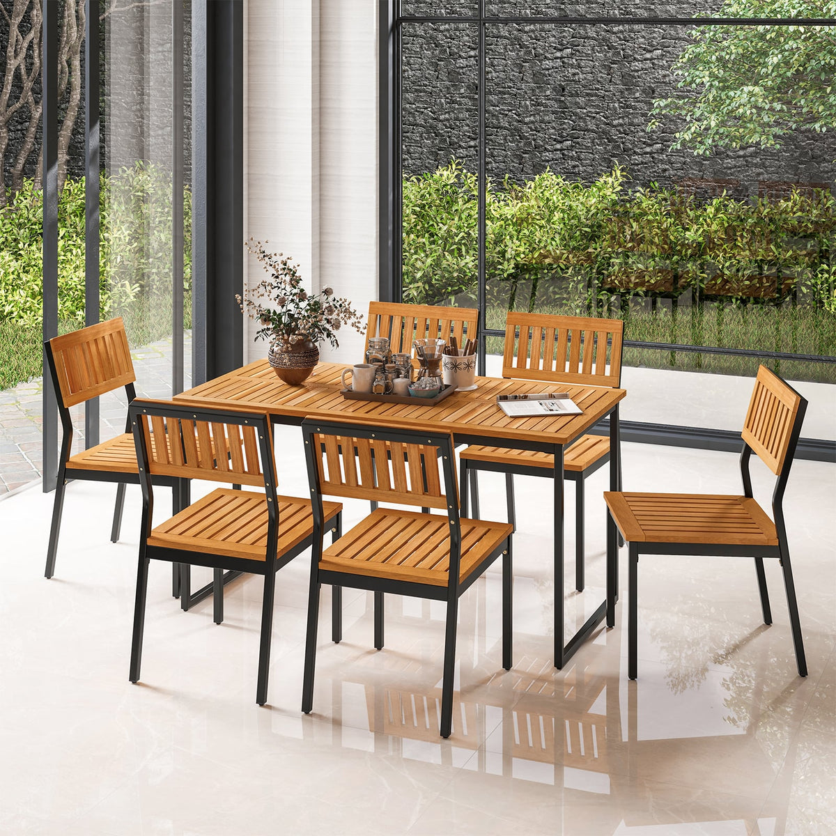 Patio Dining Chair Set of 2 with Metal and Acacia Wood Frame-Dining Chairs-DECOROLALA