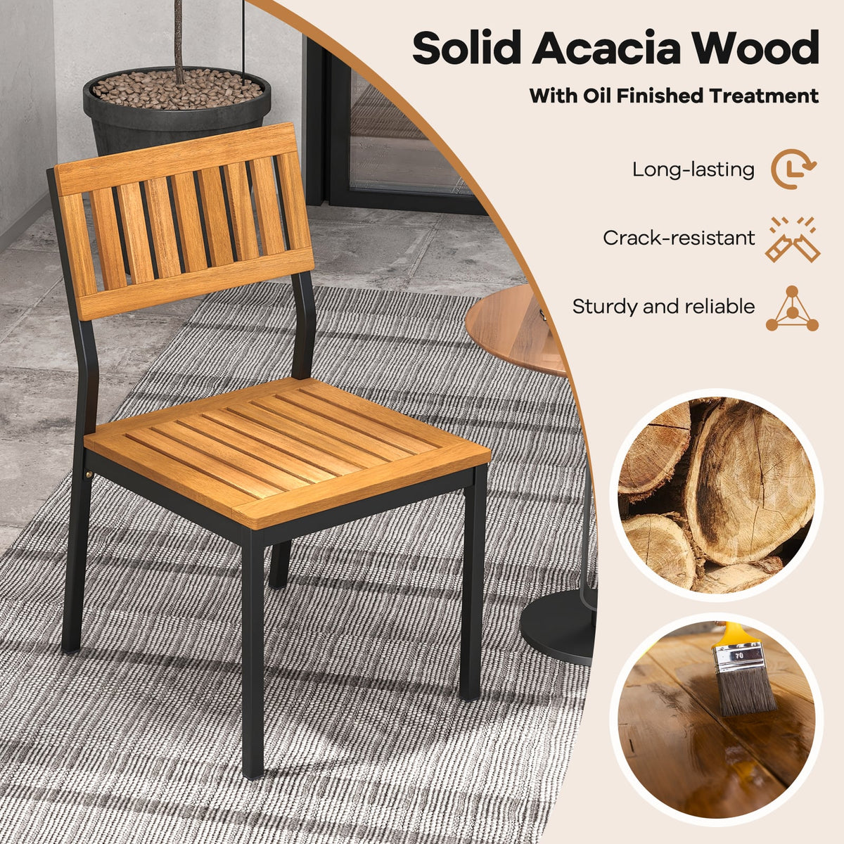 Patio Dining Chair Set of 2 with Metal and Acacia Wood Frame-Dining Chairs-DECOROLALA