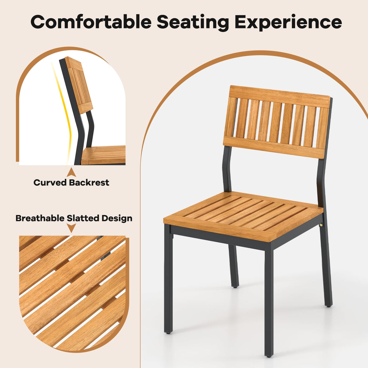 Patio Dining Chair Set of 2 with Metal and Acacia Wood Frame-Dining Chairs-DECOROLALA