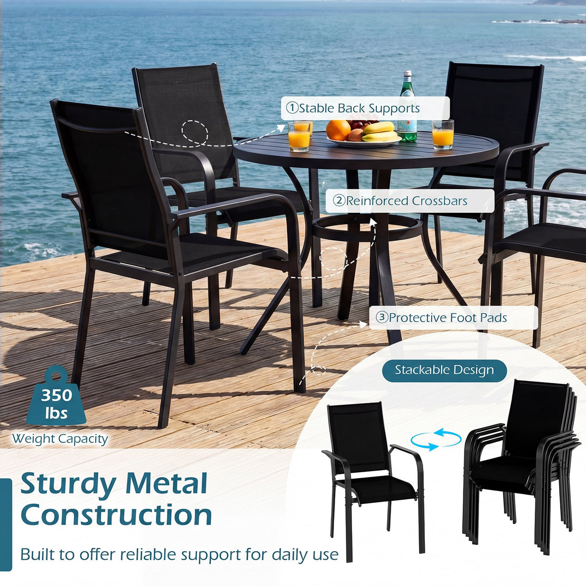 Patio Dining Chairs Set of 2/4/6 Stackable Outdoor Armchairs with Metal Frame-Set of 4-Patio Dining Chairs-DECOROLALA