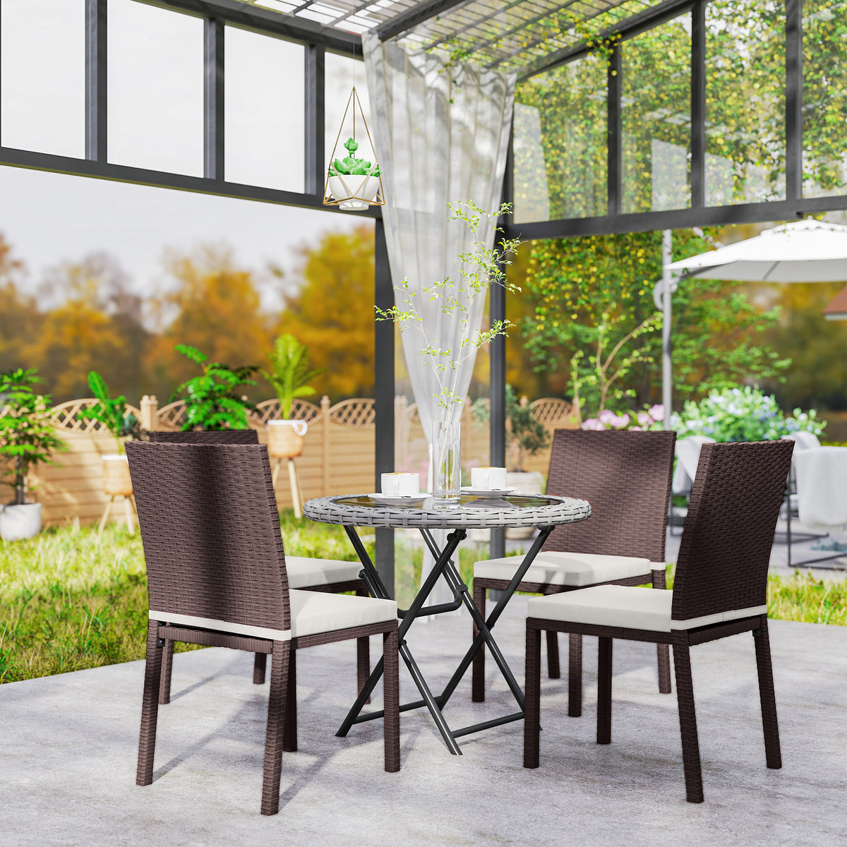 Patio Dining Chairs Set of 4 - Beige Wicker-Patio Dining Chairs-DECOROLALA
