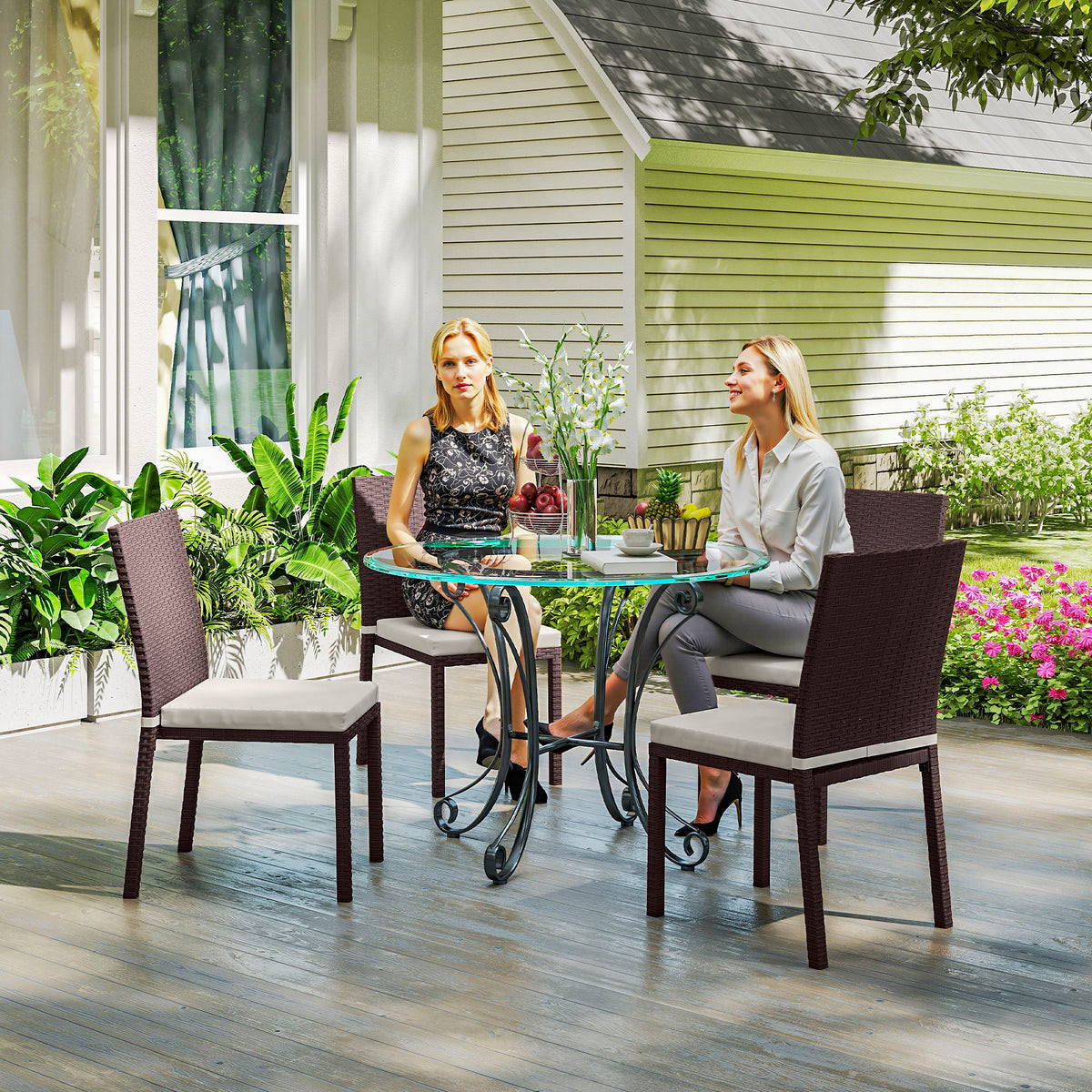 Patio Dining Chairs Set of 4 - Beige Wicker-Patio Dining Chairs-DECOROLALA