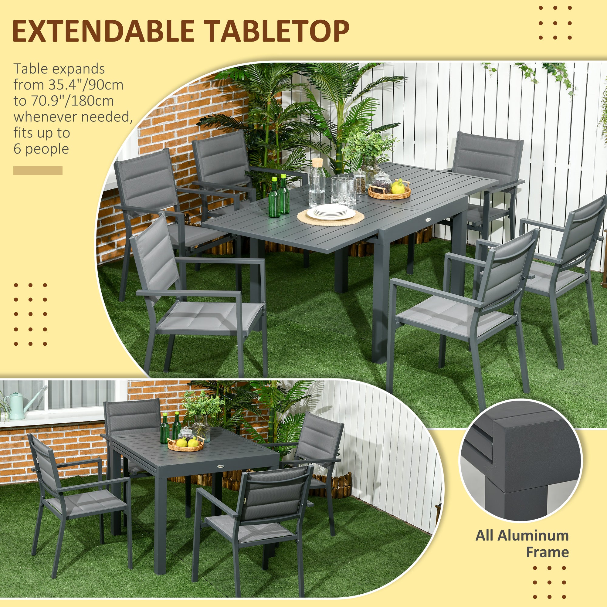 Patio Dining Set 6 Expandable Table Dark Grey-DECOROLALA