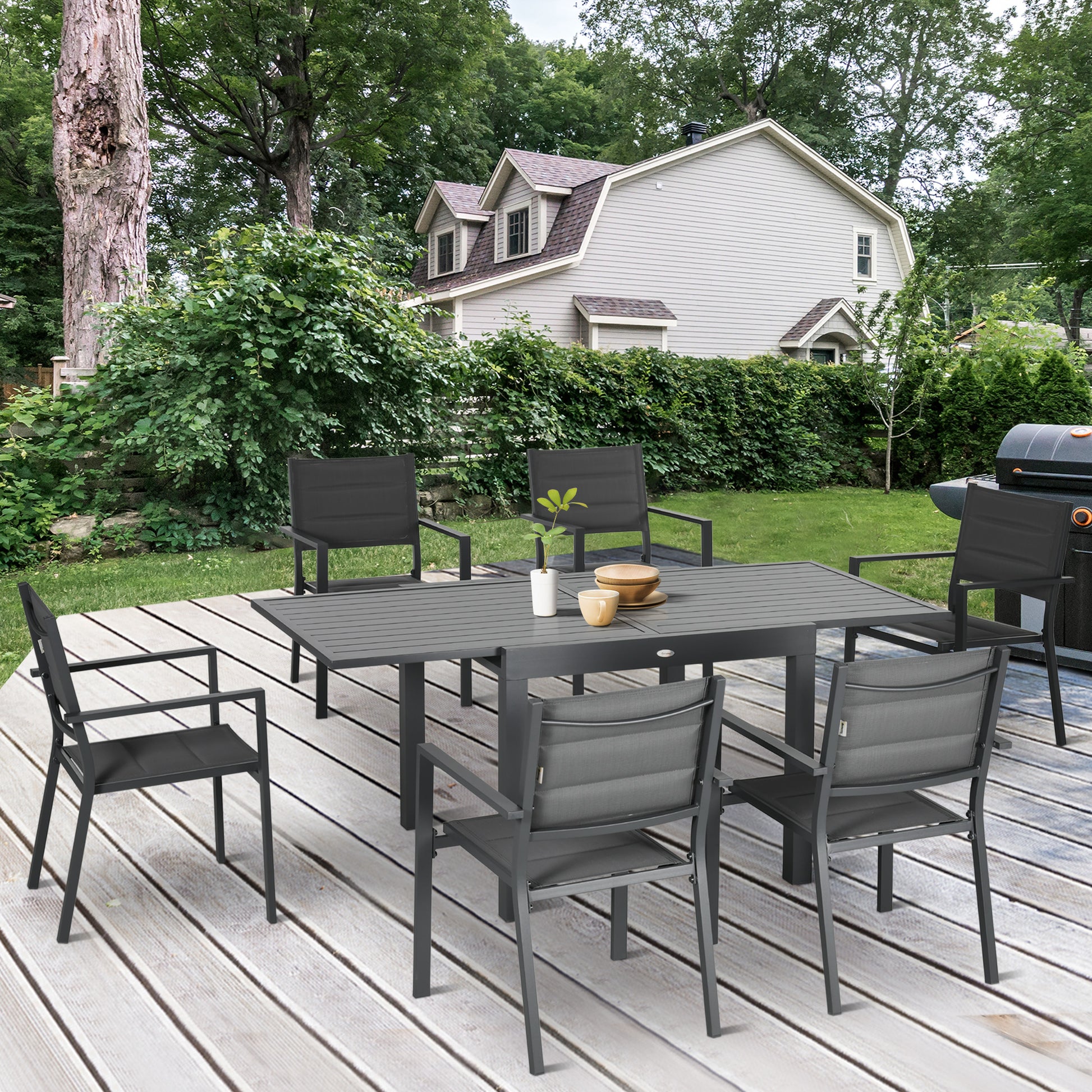 Patio Dining Set 6 Expandable Table Dark Grey-DECOROLALA