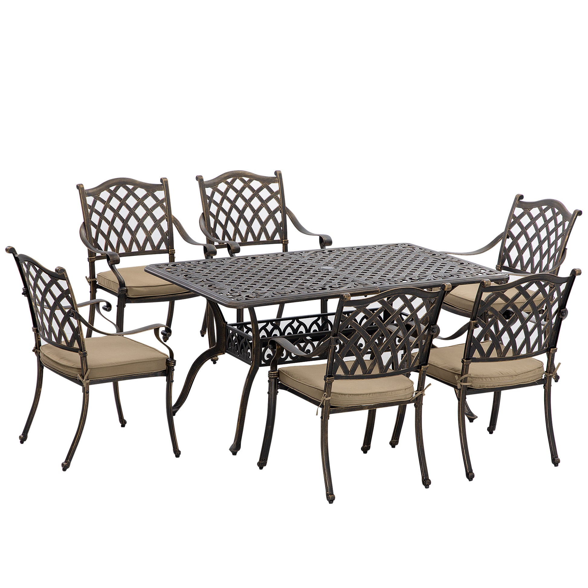 Patio Dining Set 7 Piece - Khaki Cast Aluminum-DECOROLALA