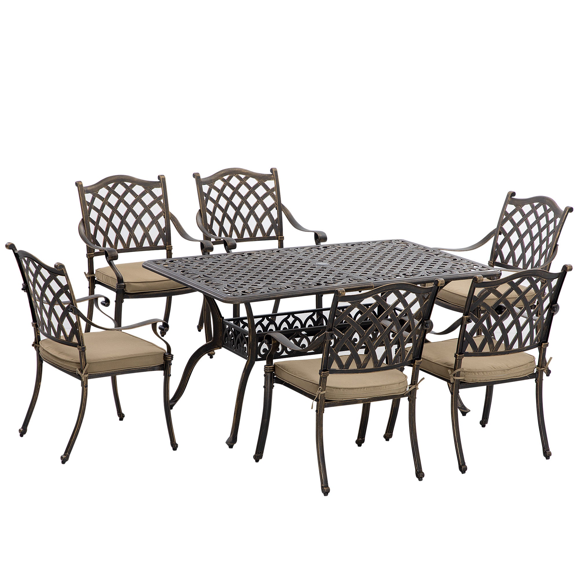 Patio Dining Set 7 Piece - Khaki Cast Aluminum-DECOROLALA