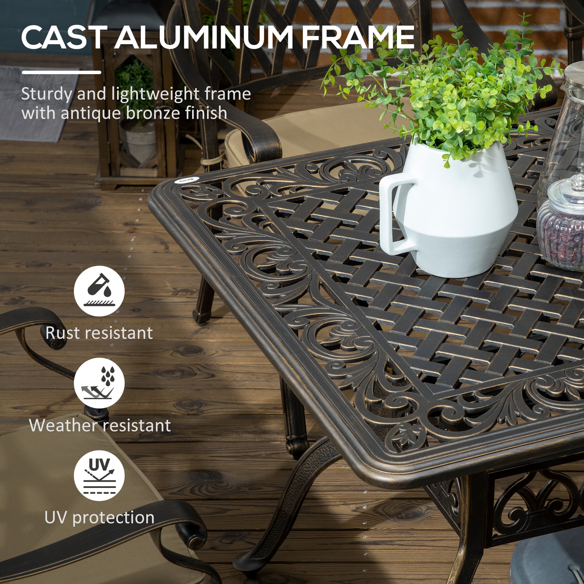 Patio Dining Set 7 Piece - Khaki Cast Aluminum-DECOROLALA