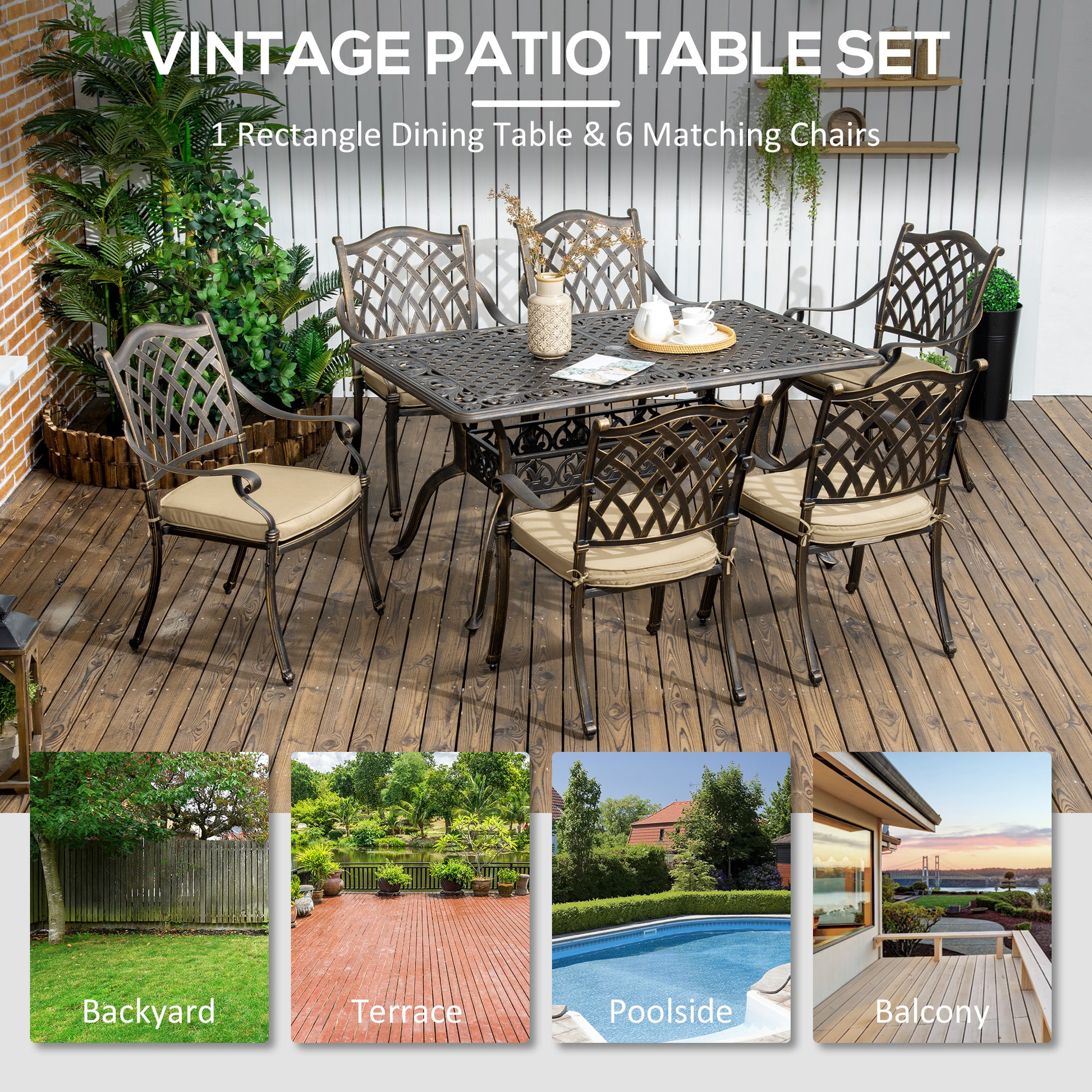 Patio Dining Set 7 Piece - Khaki Cast Aluminum-DECOROLALA