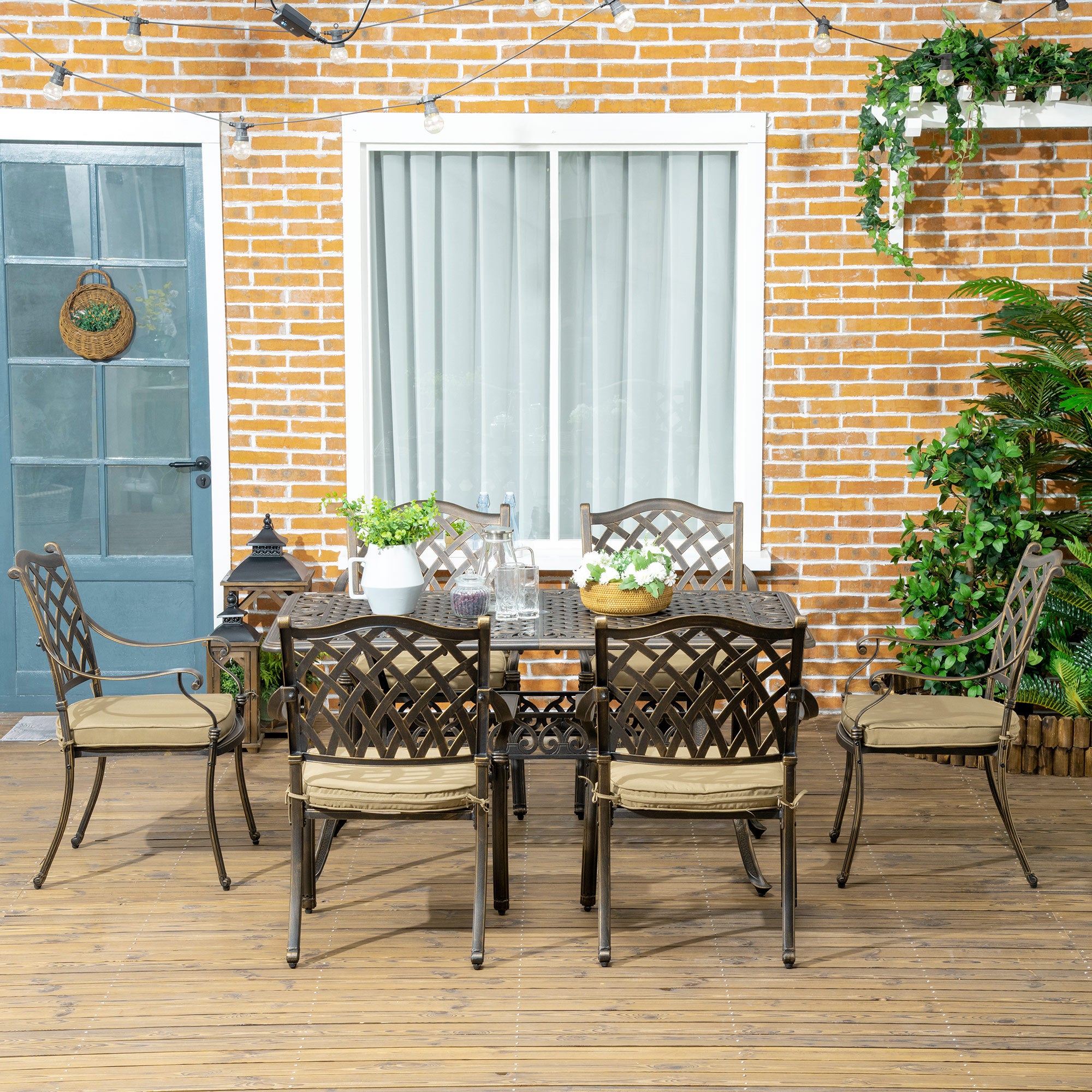 Patio Dining Set 7 Piece - Khaki Cast Aluminum-DECOROLALA