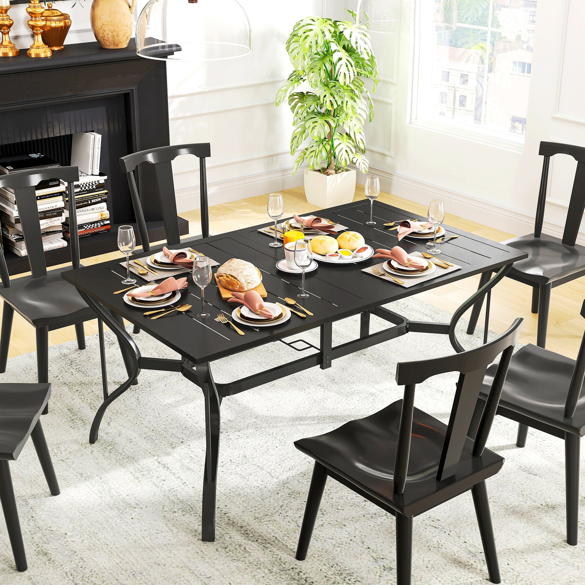 Patio Dining Table 59" Rectangle - Black Steel-DECOROLALA