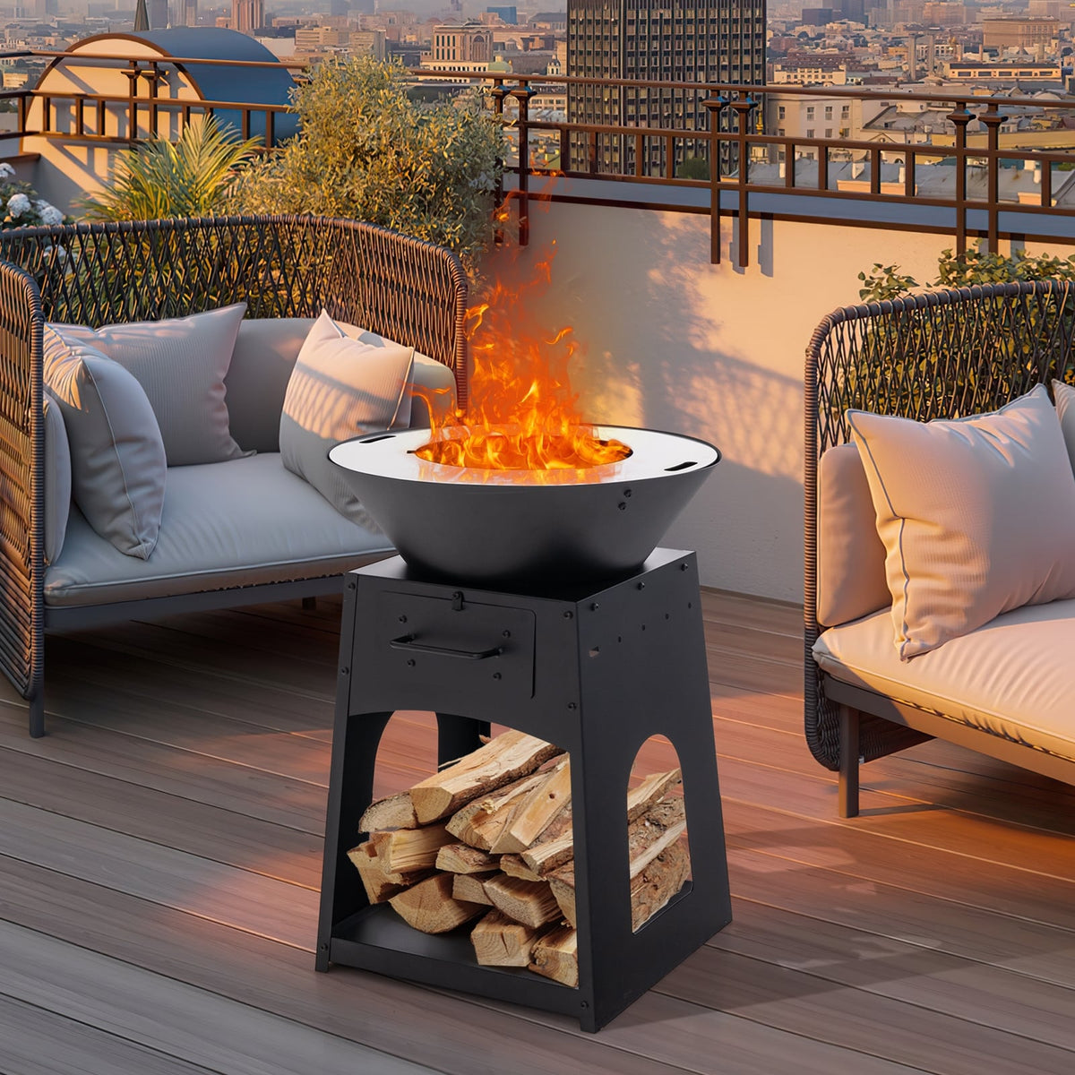 Patio Fire Pit with Firewood Log Rack with Grill and Ash Box-Black-Fire Pits-DECOROLALA