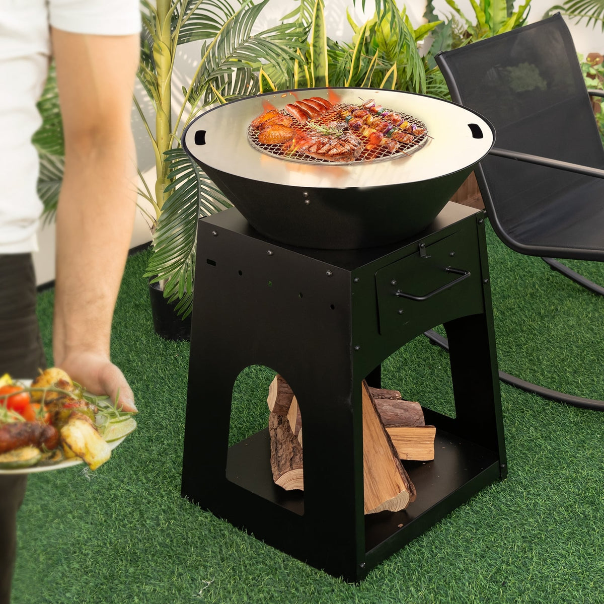 Patio Fire Pit with Firewood Log Rack with Grill and Ash Box-Black-Fire Pits-DECOROLALA