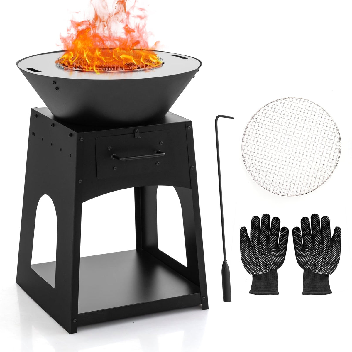 Patio Fire Pit with Firewood Log Rack with Grill and Ash Box-Black-Fire Pits-DECOROLALA