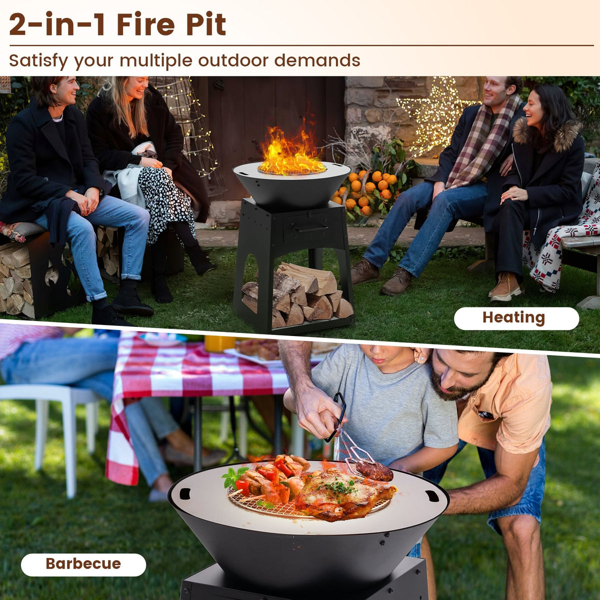Patio Fire Pit with Firewood Log Rack with Grill and Ash Box-Black-Fire Pits-DECOROLALA