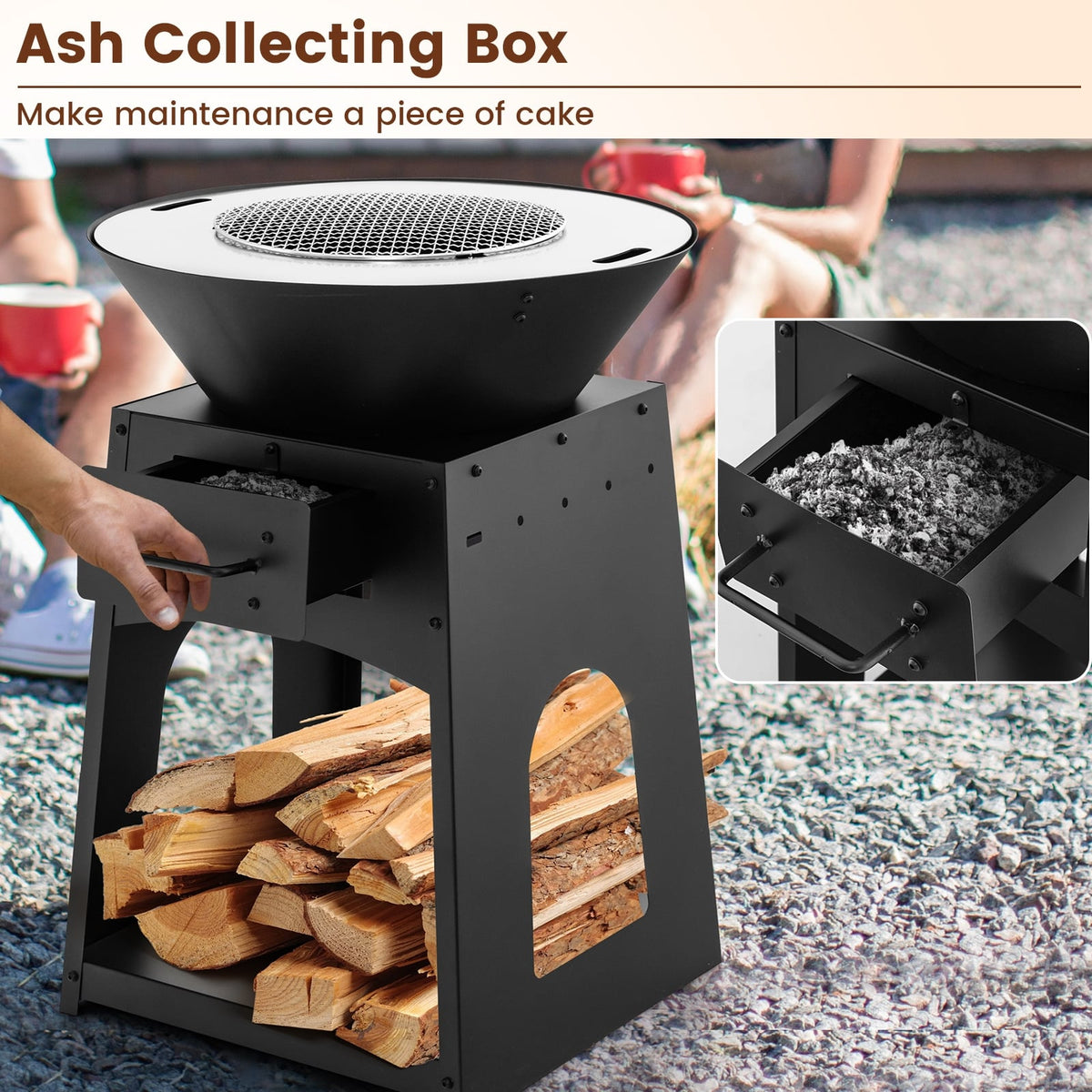 Patio Fire Pit with Firewood Log Rack with Grill and Ash Box-Black-Fire Pits-DECOROLALA