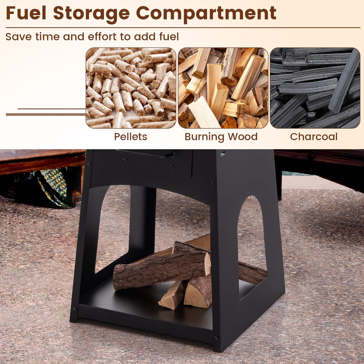 Patio Fire Pit with Firewood Log Rack with Grill and Ash Box-Black-Fire Pits-DECOROLALA