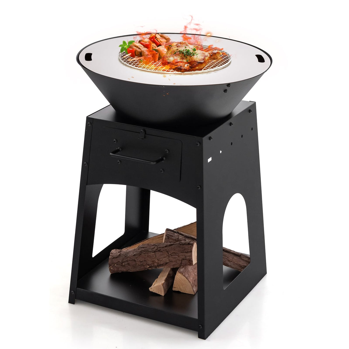 Patio Fire Pit with Firewood Log Rack with Grill and Ash Box-Black-Fire Pits-DECOROLALA