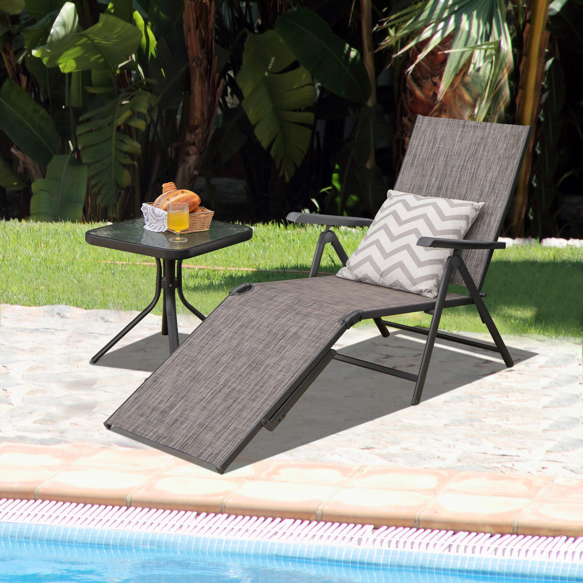 Patio Foldable Chaise Lounge Chair with Backrest and Footrest-Gray-Outdoor Chairs & Seating-DECOROLALA