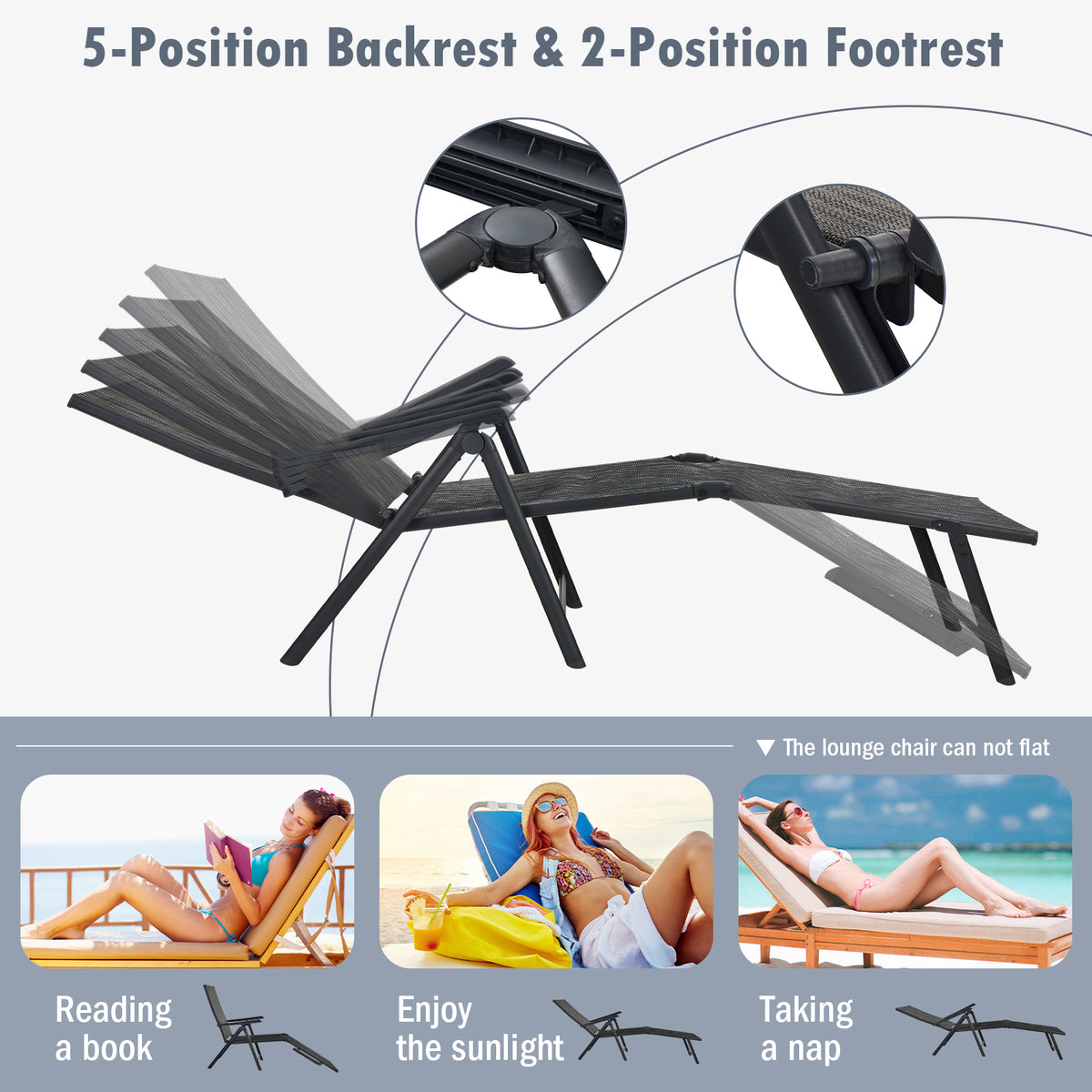 Patio Foldable Chaise Lounge Chair with Backrest and Footrest-Gray-Outdoor Chairs & Seating-DECOROLALA