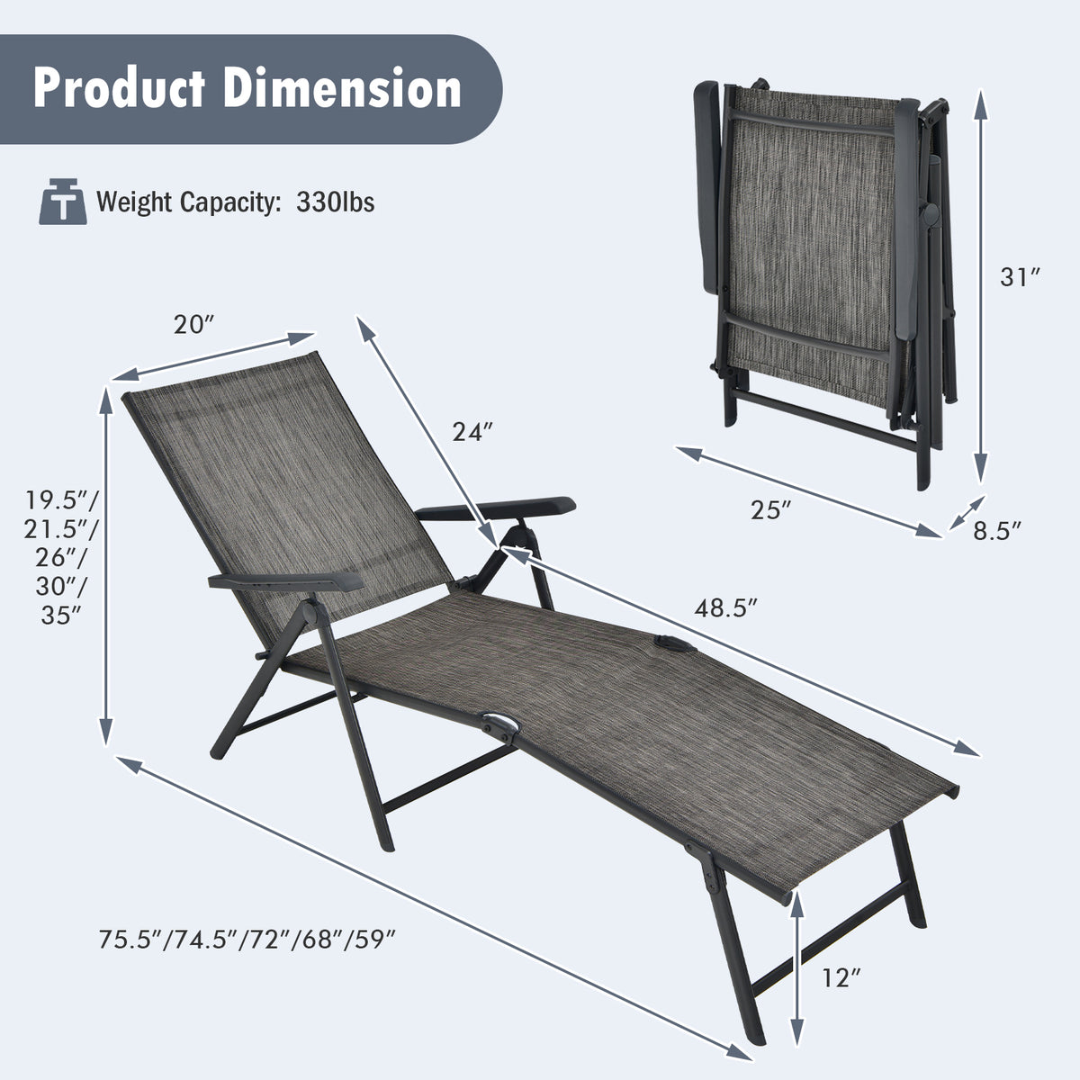 Patio Foldable Chaise Lounge Chair with Backrest and Footrest-Gray-Outdoor Chairs & Seating-DECOROLALA