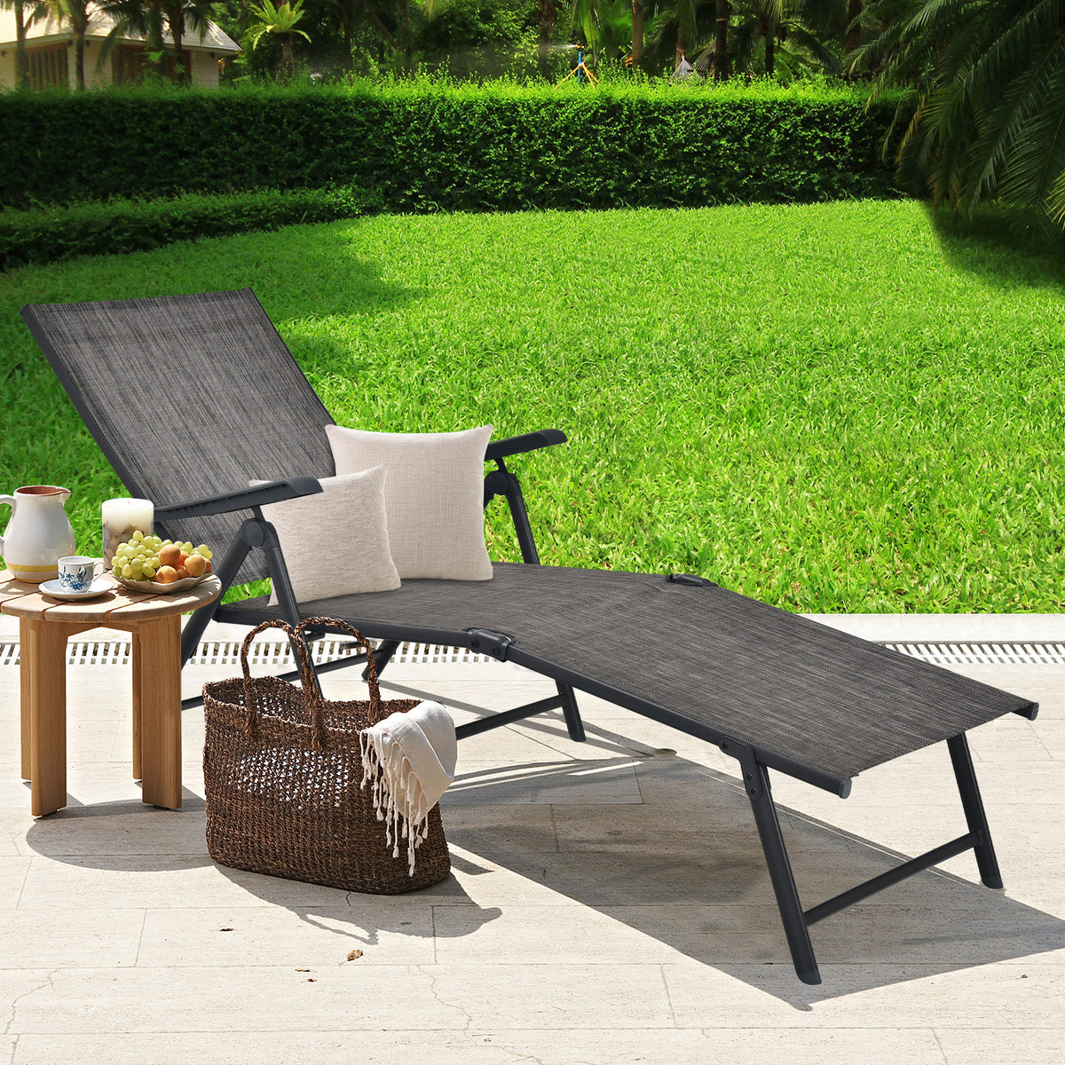 Patio Foldable Chaise Lounge Chair with Backrest and Footrest-Gray-Outdoor Chairs & Seating-DECOROLALA