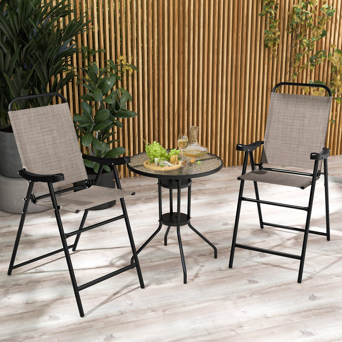 Patio Folding Bar Stool Set of 2 with Metal Frame and Footrest-Coffee-Outdoor Bar Furniture-DECOROLALA