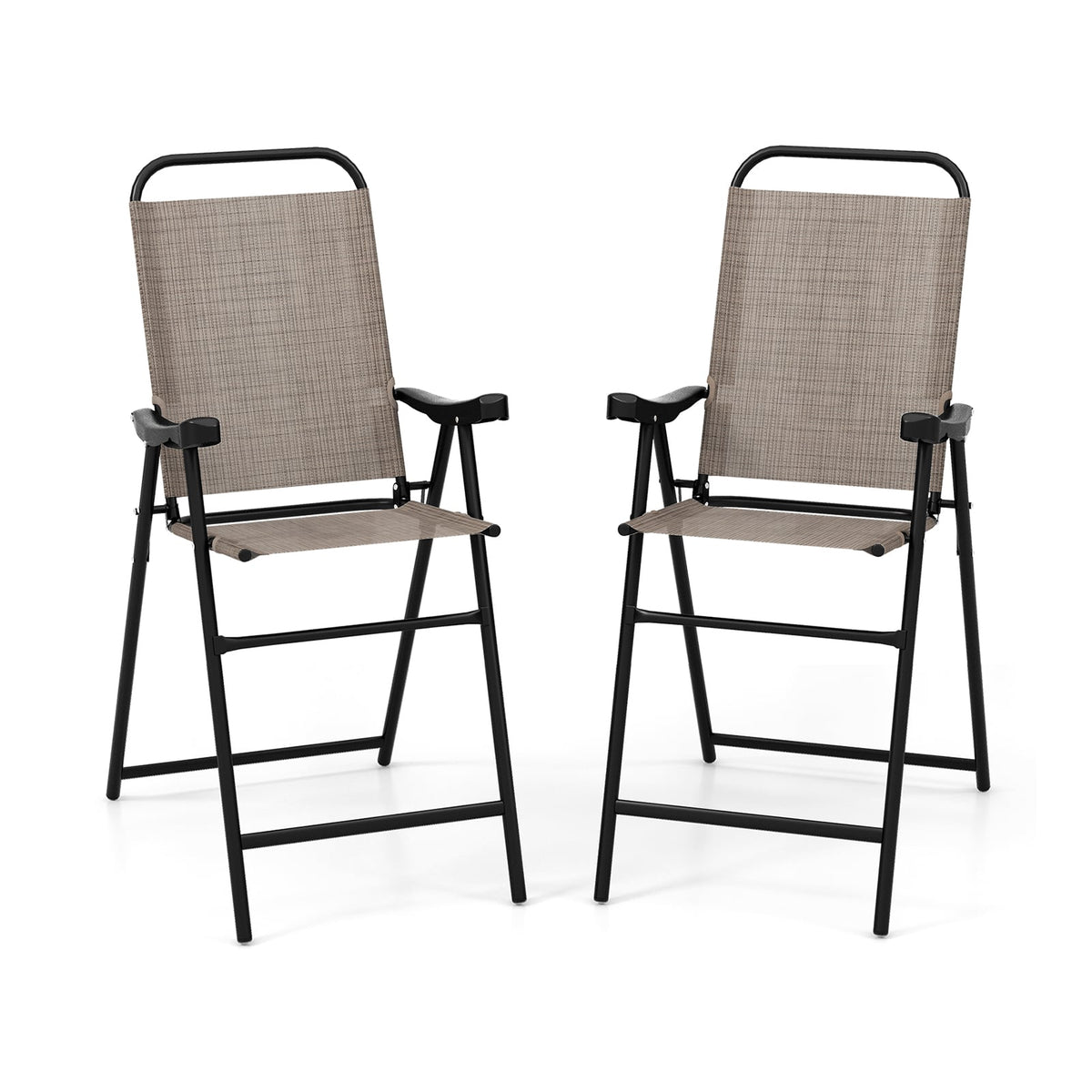 Patio Folding Bar Stool Set of 2 with Metal Frame and Footrest-Coffee-Outdoor Bar Furniture-DECOROLALA