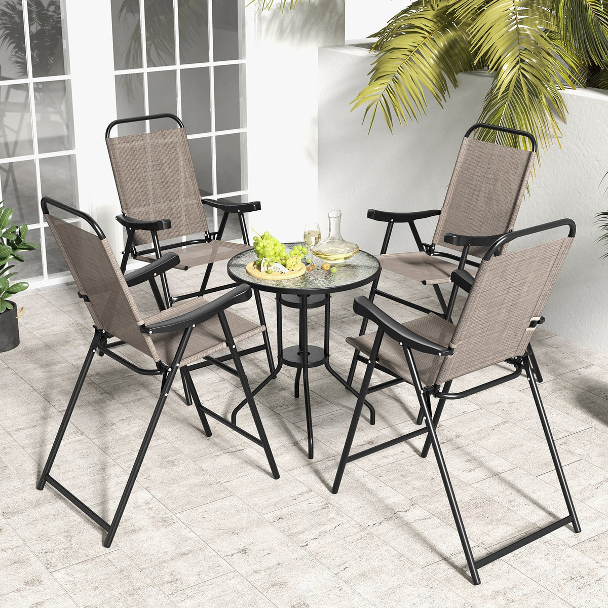 Patio Folding Bar Stool Set of 4 with Metal Frame and Footrest-Coffee-Outdoor Bar Furniture-DECOROLALA