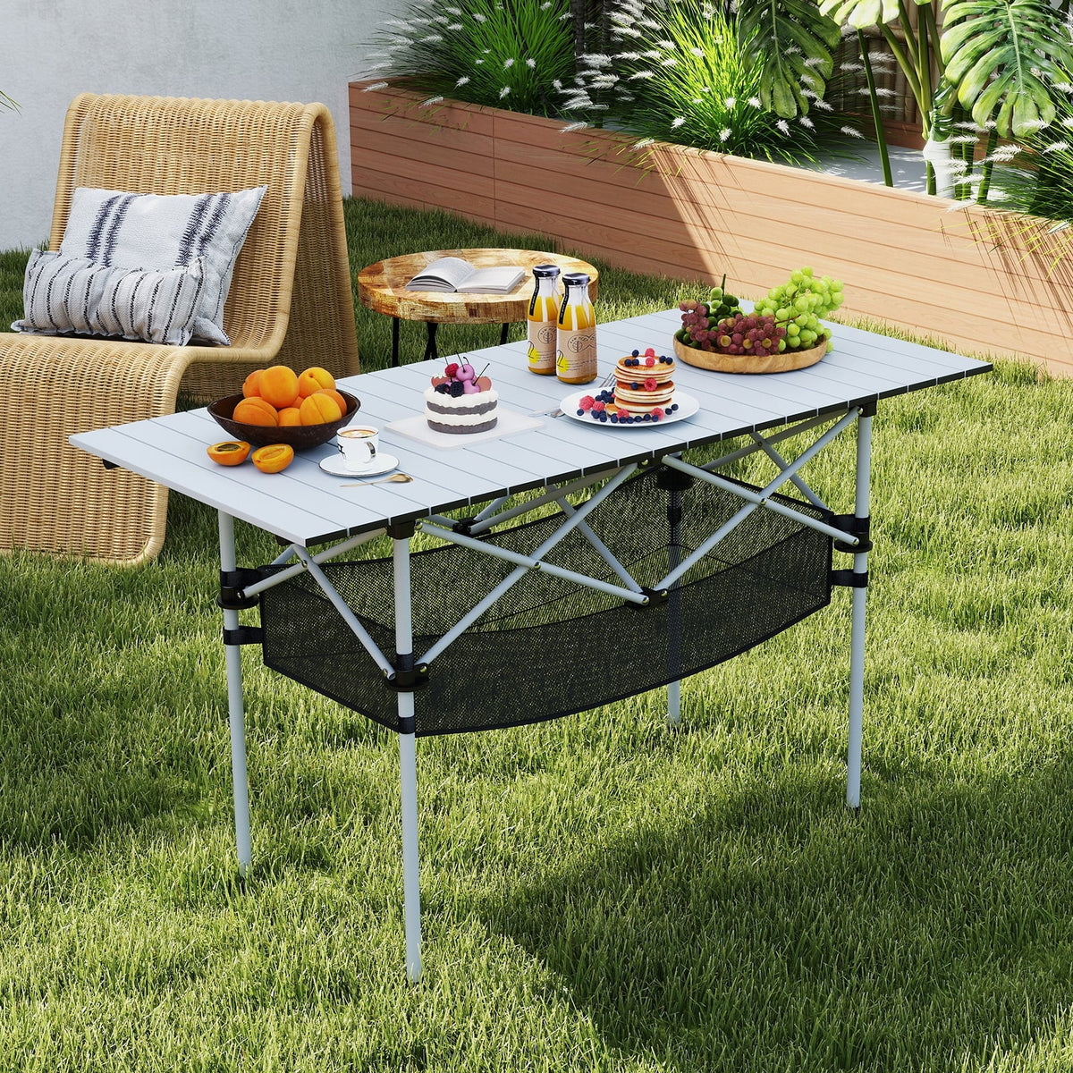 Patio Folding Camping Table with Roll-up Tabletop and Mesh Basket-Silver-Camping Furniture-DECOROLALA