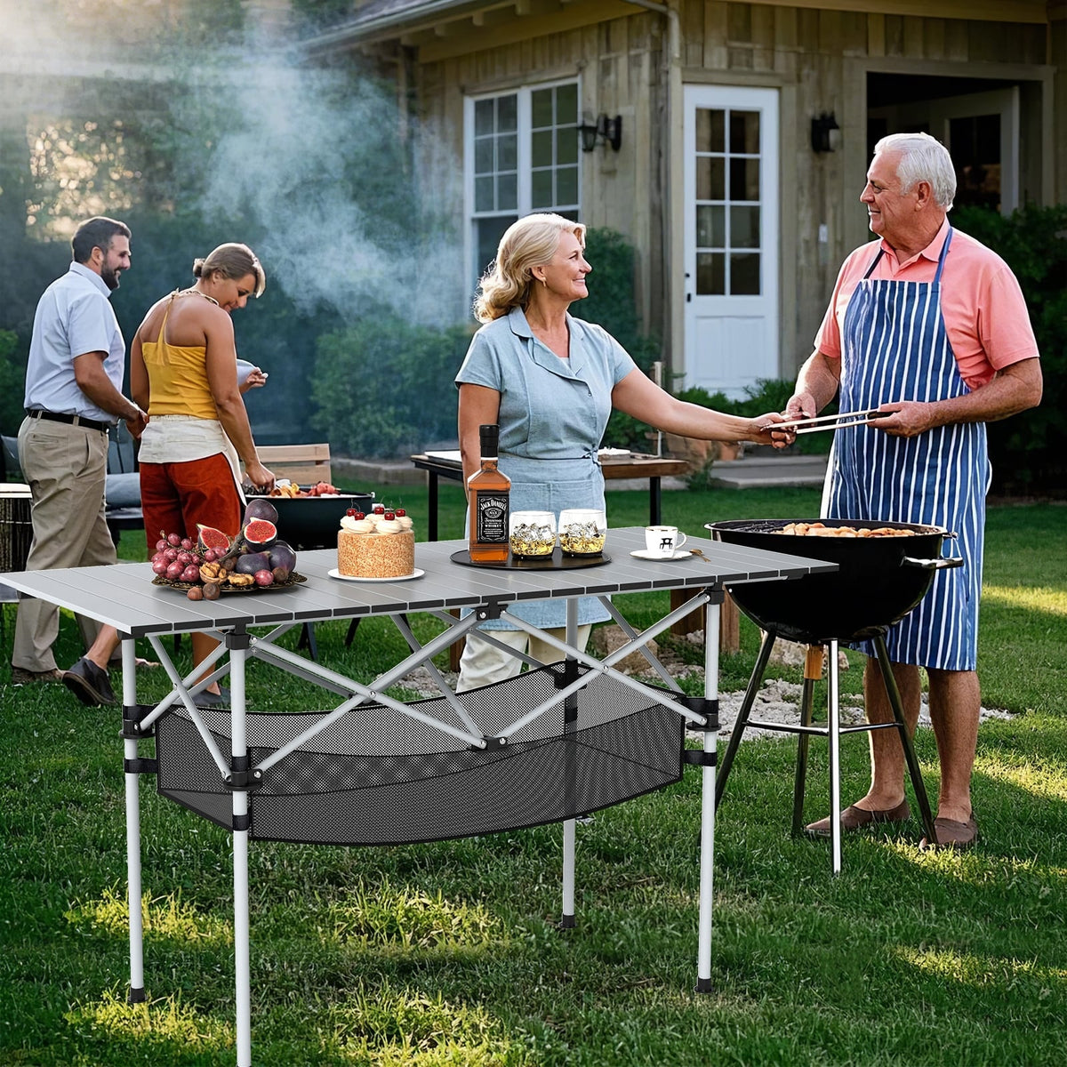 Patio Folding Camping Table with Roll-up Tabletop and Mesh Basket-Silver-Camping Furniture-DECOROLALA