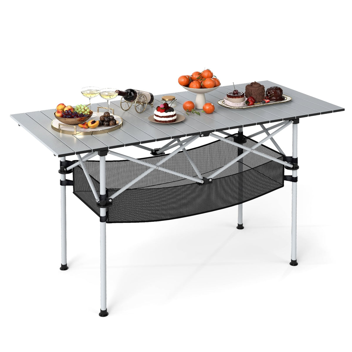 Patio Folding Camping Table with Roll-up Tabletop and Mesh Basket-Silver-Camping Furniture-DECOROLALA