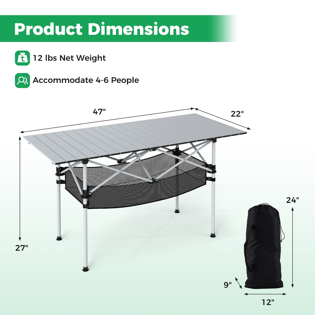 Patio Folding Camping Table with Roll-up Tabletop and Mesh Basket-Silver-Camping Furniture-DECOROLALA