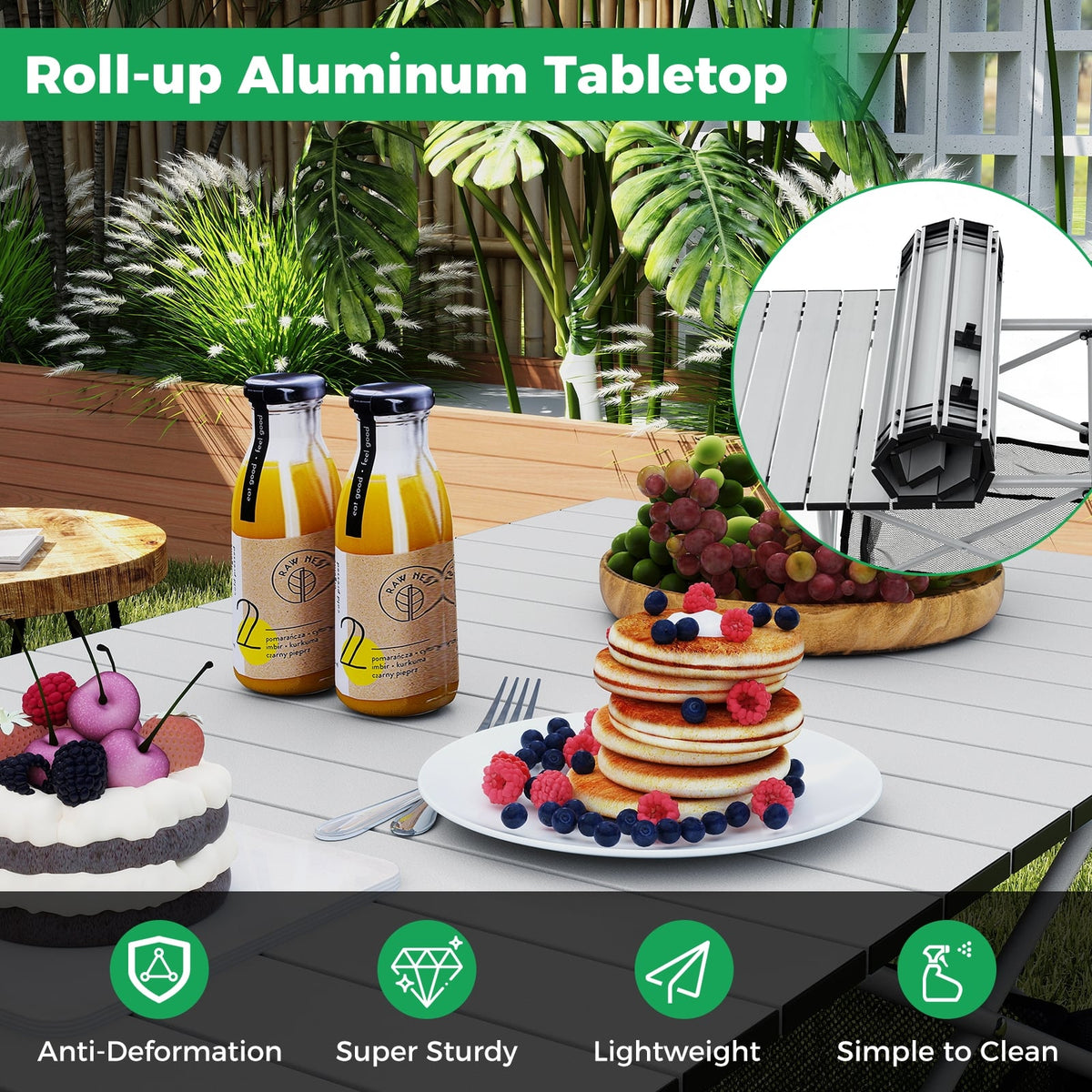 Patio Folding Camping Table with Roll-up Tabletop and Mesh Basket-Silver-Camping Furniture-DECOROLALA