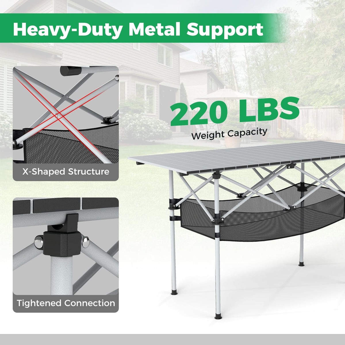 Patio Folding Camping Table with Roll-up Tabletop and Mesh Basket-Silver-Camping Furniture-DECOROLALA