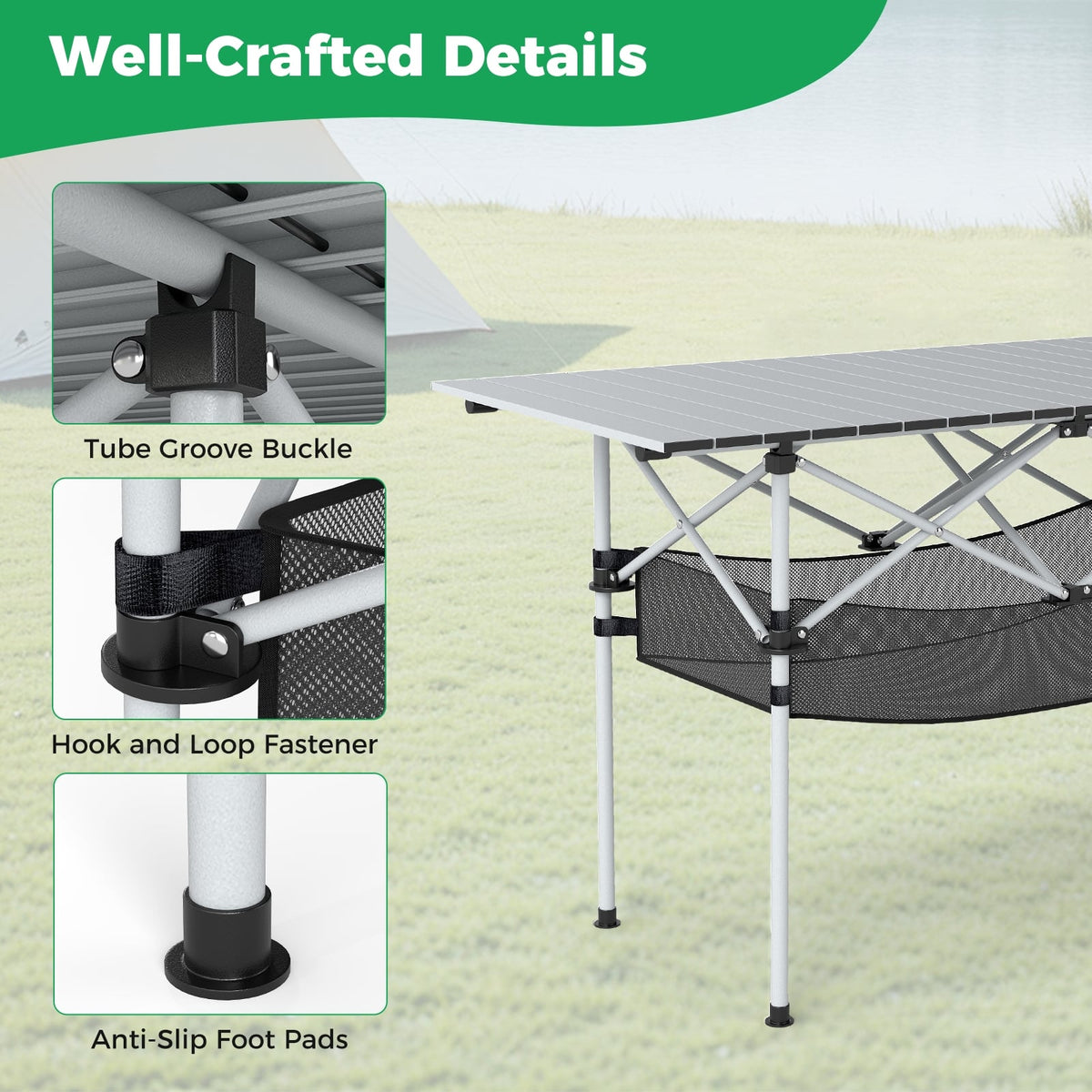 Patio Folding Camping Table with Roll-up Tabletop and Mesh Basket-Silver-Camping Furniture-DECOROLALA